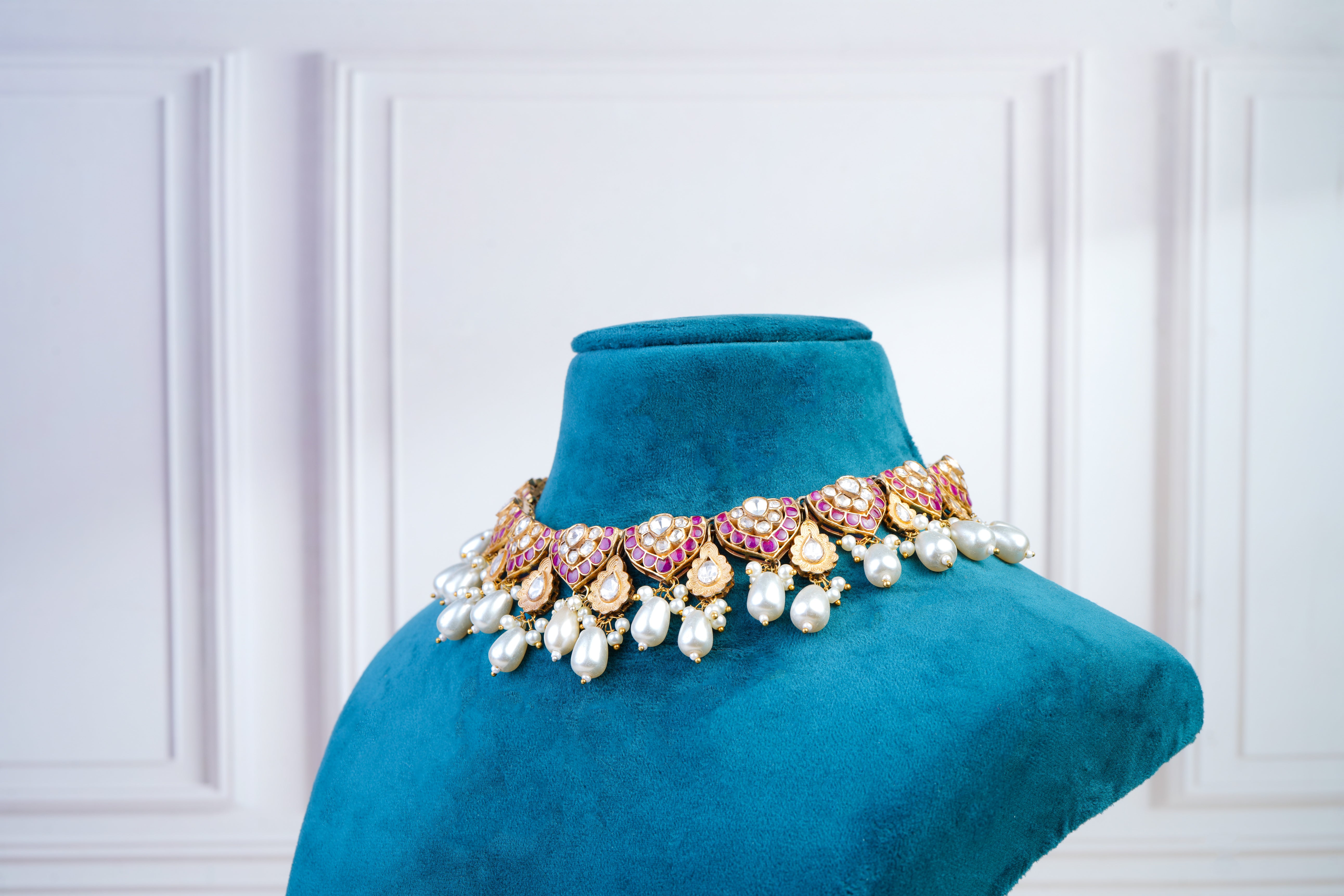 Pink Kundan Pearl Choker Set with Drop Earrings