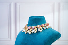 Pink Kundan Pearl Choker Set with Drop Earrings