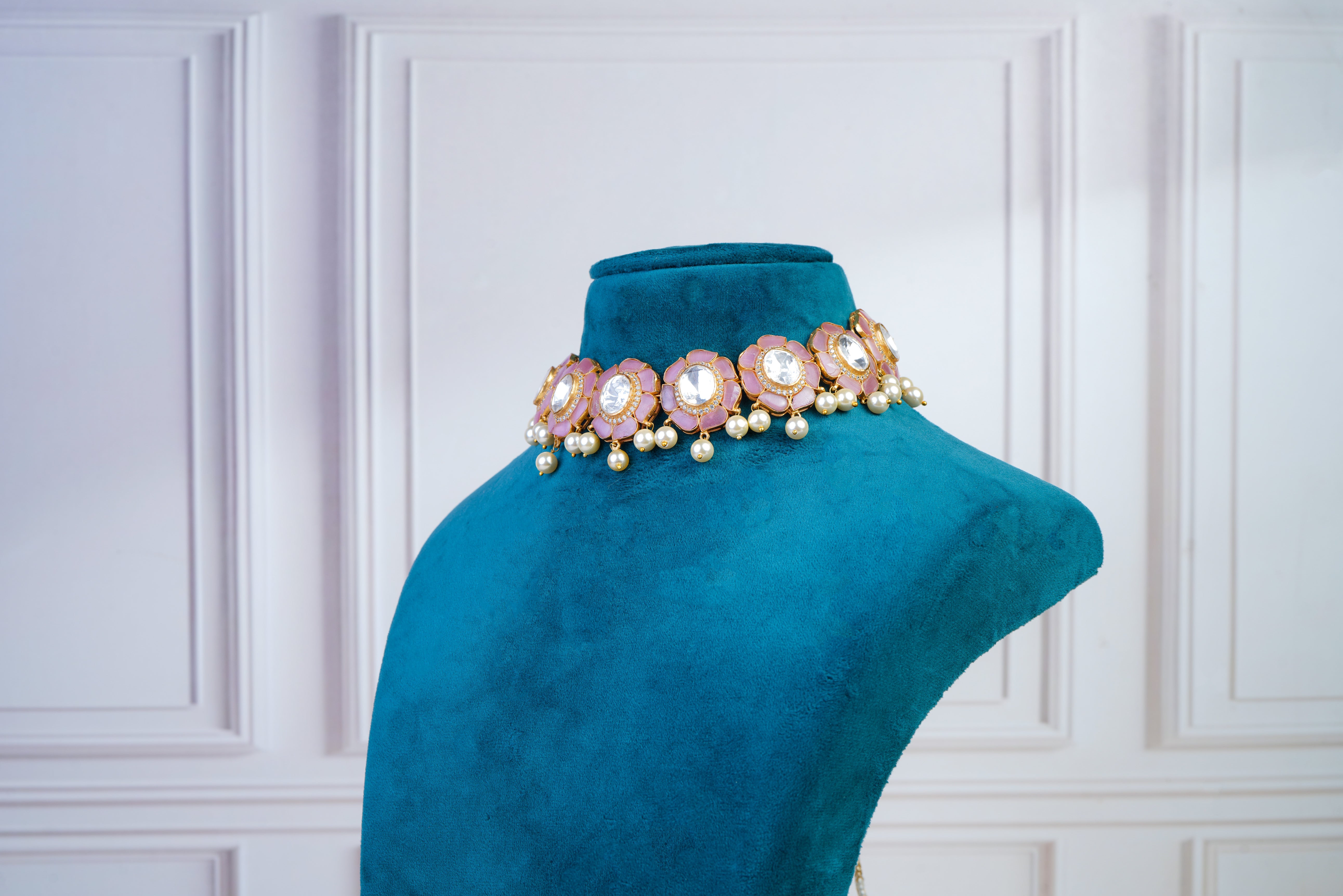 Pink Floral Polki Choker Set with Pearl Drops
