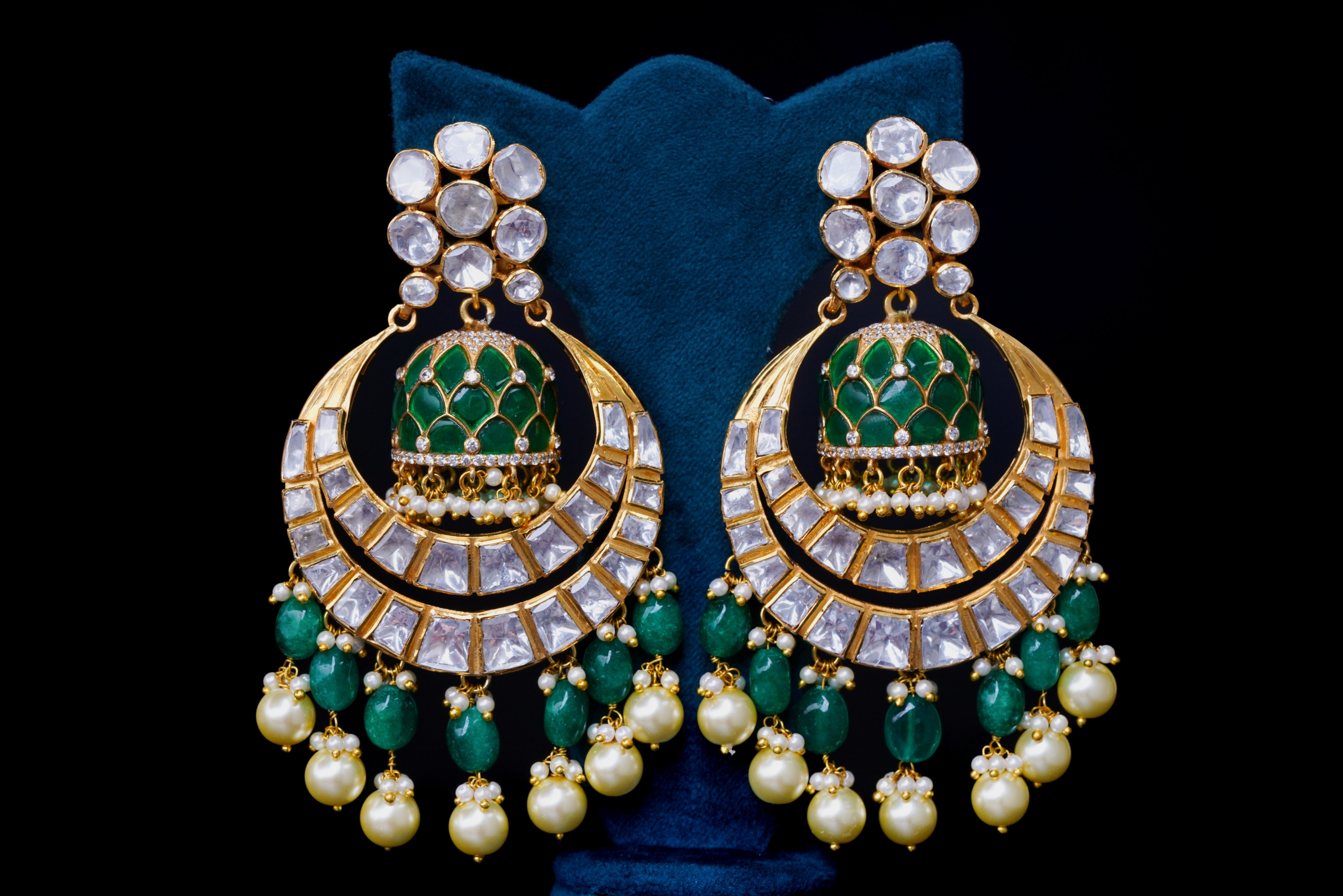 Emerald Polki Chandbali Jhumka Earrings