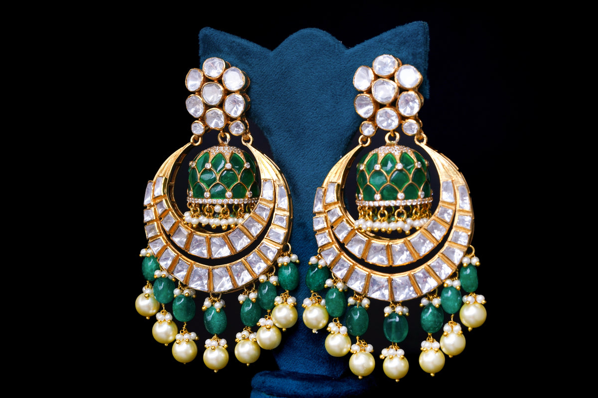Emerald Polki Chandbali Jhumka Earrings