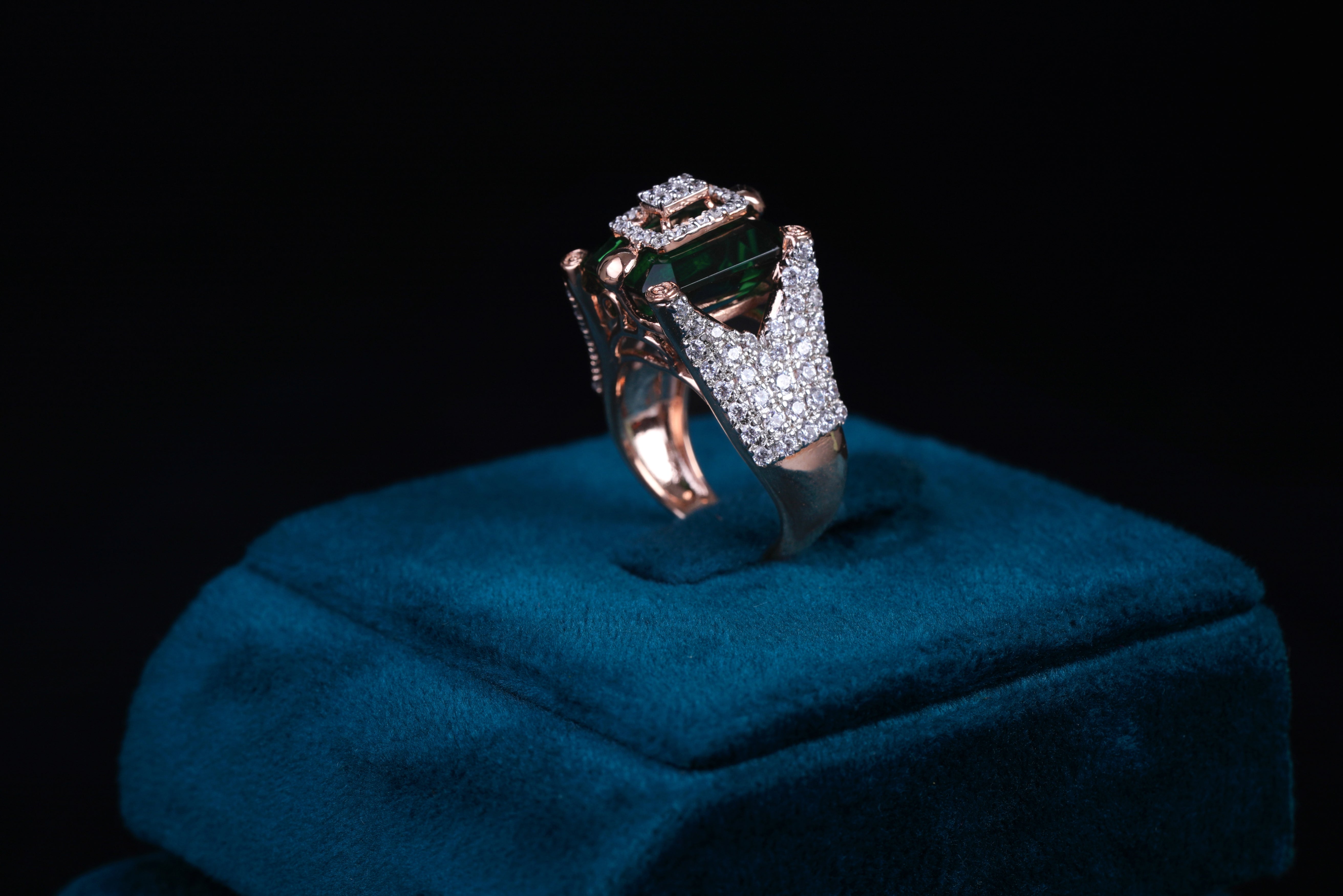 Emerald Cut Green Stone AD Silver Ring