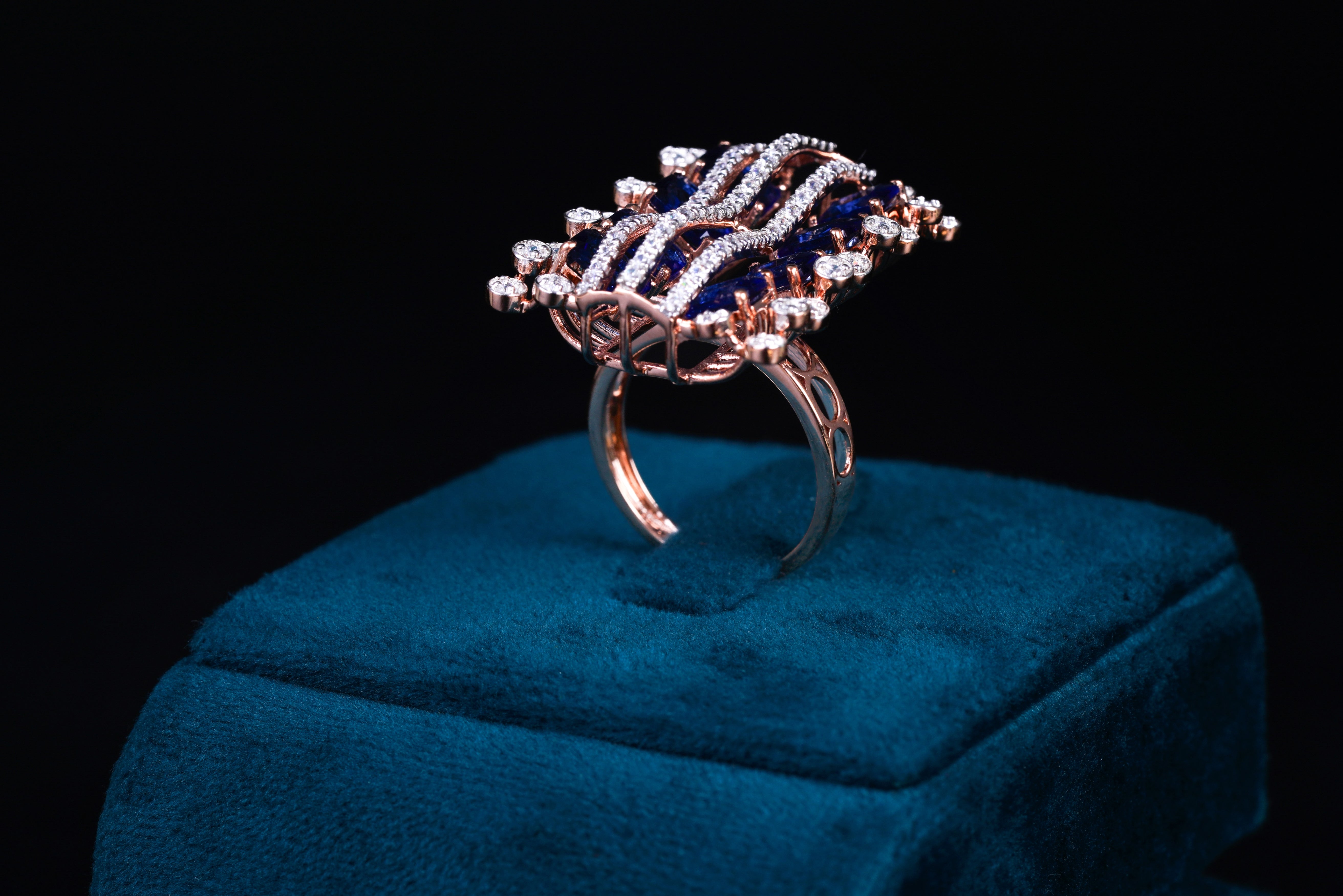 Sapphire Diamond Geometric Statement Ring